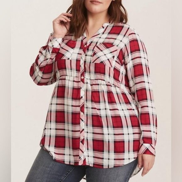 Women’s torrid 1 Beet Red Plaid Emma Babydoll Challis Button Front Tunic 14 16 - Picture 2 of 12